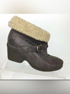 Timberland Earthkeeper Brown Wedge Ankle Boots with Cream Shearling Cuff